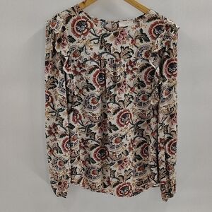 LOFT Blouse Size Large Floral Print Large Ng Sleeve Ruffle Shoulder Fall Colors